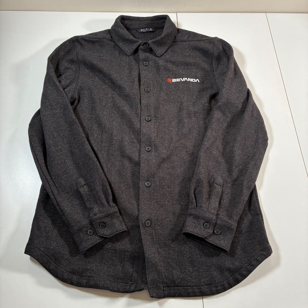 BYLT Flannel Shirt‎ Large Grey Herringbone Coastal Overshirt Bevanda Logo